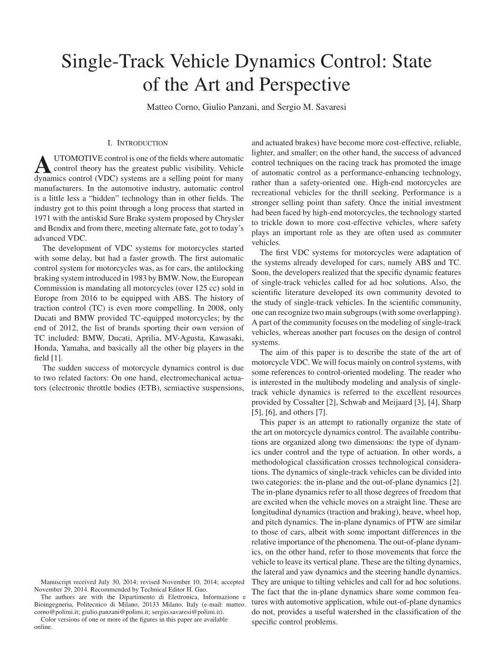 Single-Track Vehicle Dynamics Control: State of the Art and Perspective Matteo Corno, Giulio Panzani, and Sergio M