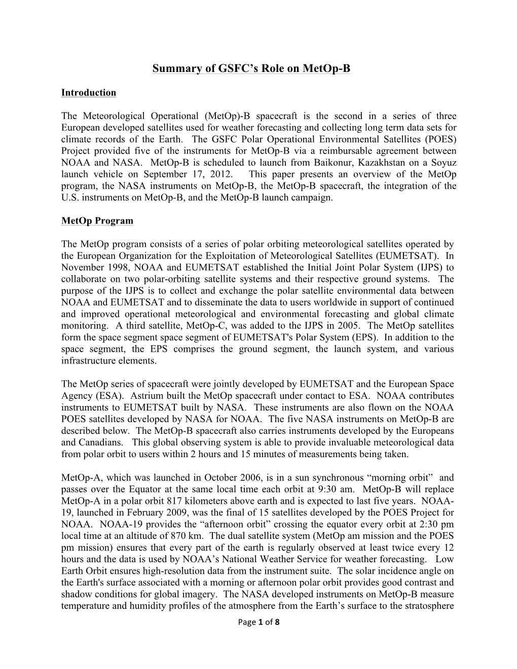 Summary of GSFC Role on Metop-B