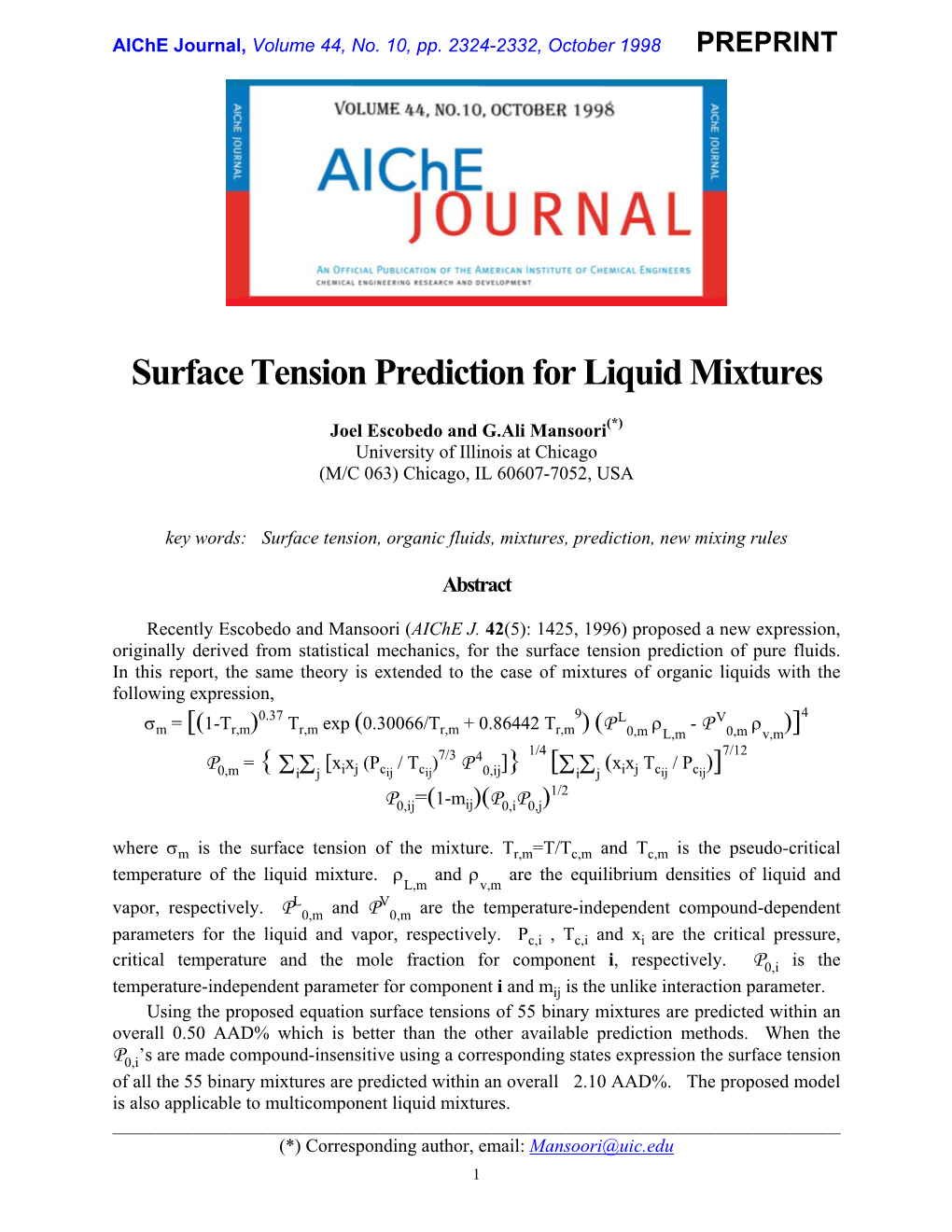 Surface Tension Prediction for Liquid Mixtures
