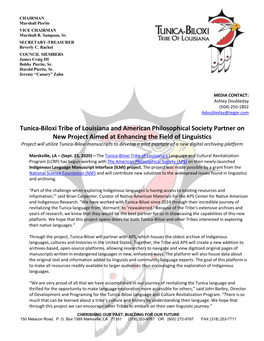 Press Release from Tunica-Biloxi Tribe of Louisiana