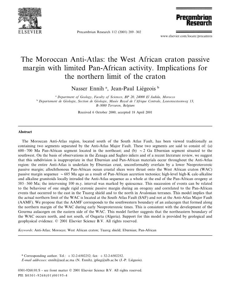 The Moroccan Anti-Atlas: the West African Craton Passive Margin with Limited Pan-African Activity