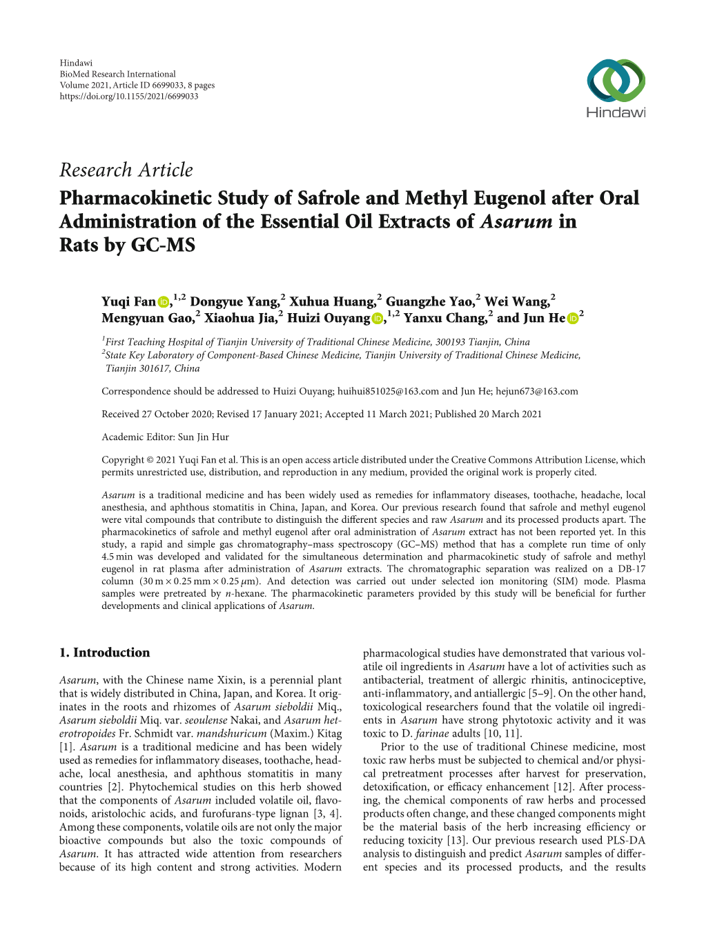 Pharmacokinetic Study of Safrole and Methyl Eugenol After Oral Administration of the Essential Oil Extracts of Asarum in Rats by GC-MS