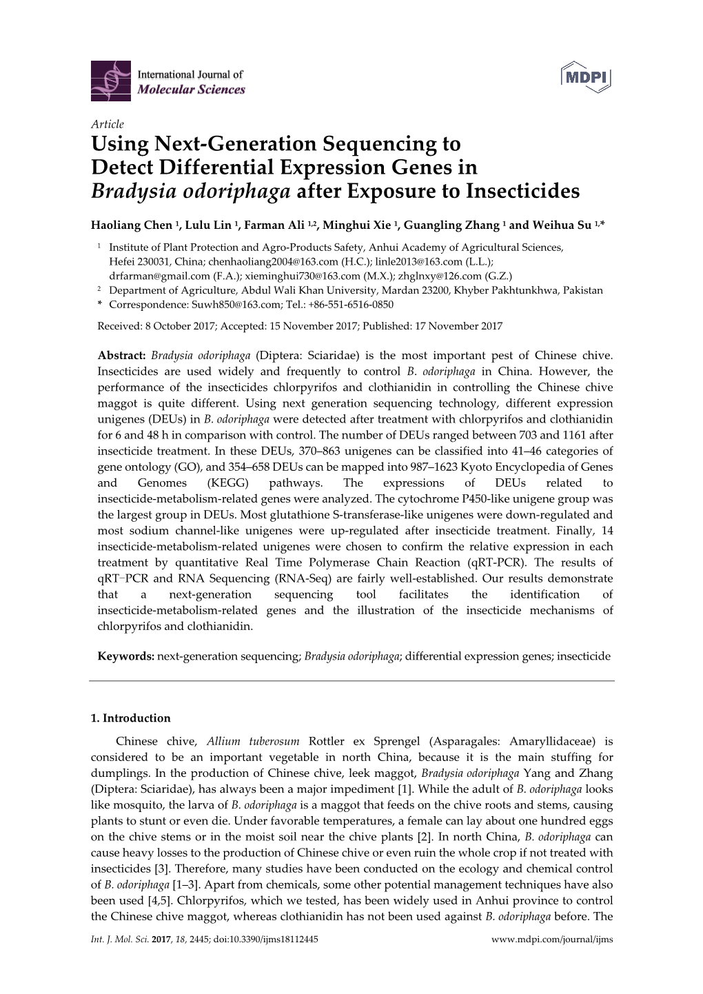 Using Next-Generation Sequencing to Detect Differential Expression Genes in Bradysia Odoriphaga After Exposure to Insecticides