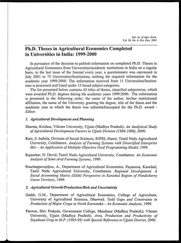 Ph.D. Theses in Agricultural Economics Completed in Universities in India: 1999-2000