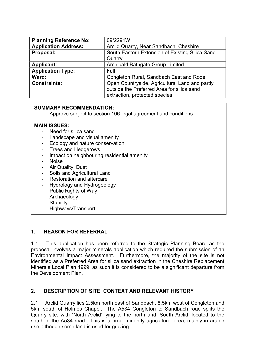 Arclid Quarry, Near Sandbach, Cheshire Proposal