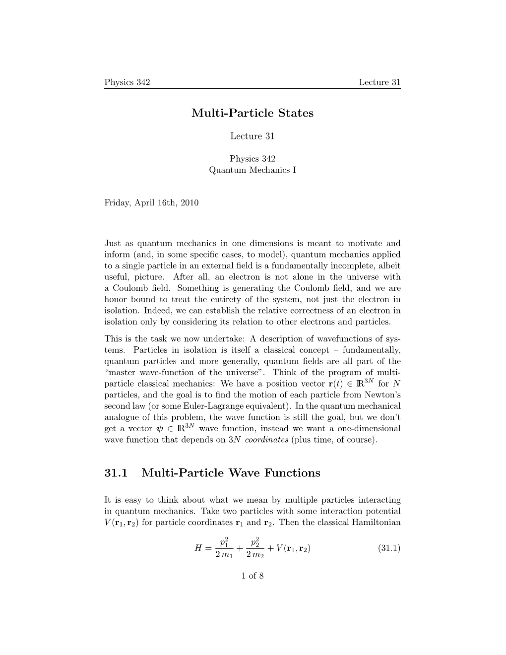 Multi-Particle States 31.1 Multi-Particle Wave Functions