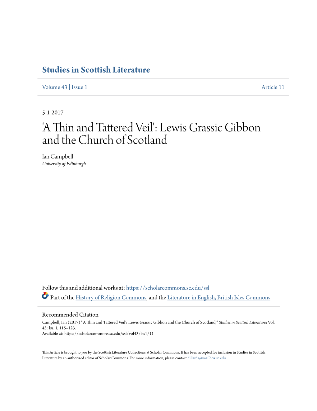 Lewis Grassic Gibbon and the Church of Scotland Ian Campbell University of Edinburgh