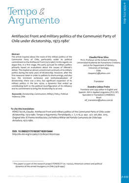 Antifascist Front and Military Politics of the Communist Party of Chile Under Dictatorship, 1973‐19801