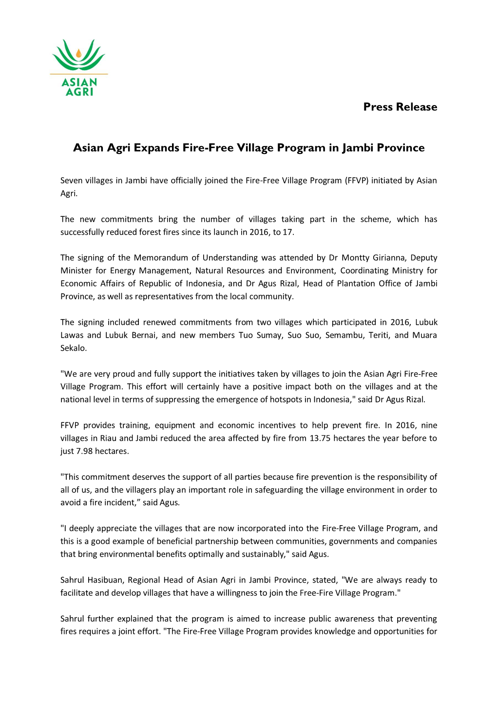 Press Release Asian Agri Expands Fire-Free Village Program in Jambi