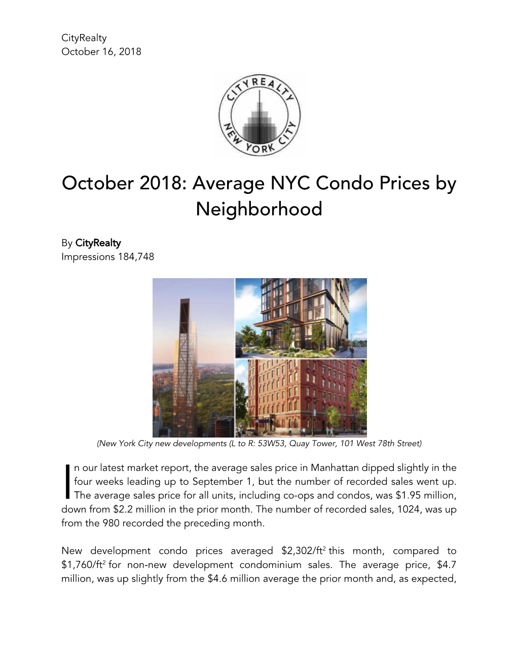 October 2018: Average NYC Condo Prices by Neighborhood