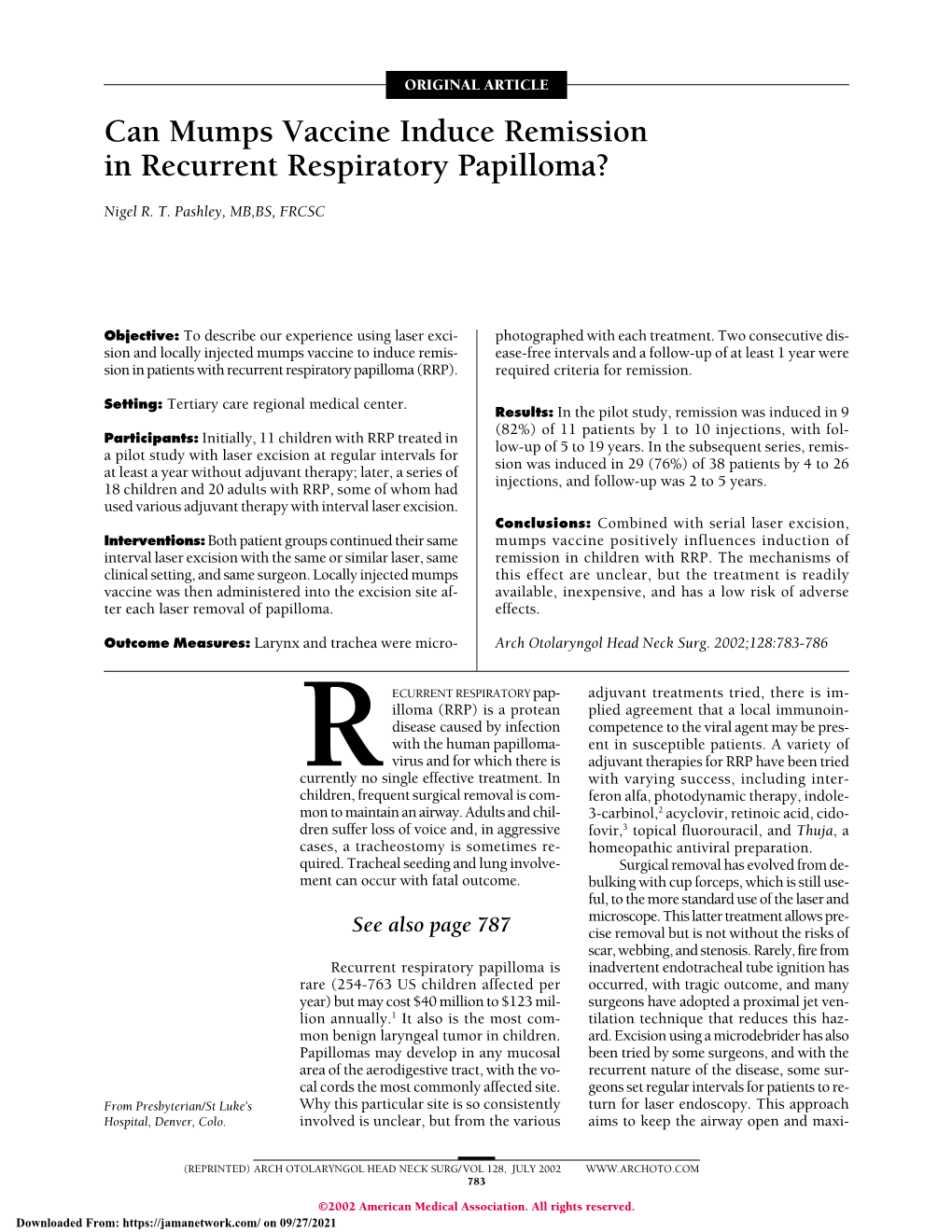 Can Mumps Vaccine Induce Remission in Recurrent Respiratory Papilloma?