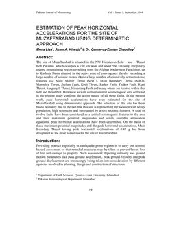 ESTIMATION of PEAK HORIZONTAL ACCELERATIONS for the SITE of MUZAFFARABAD USING DETERMINISTIC APPROACH Mona Lisa1, Azam A
