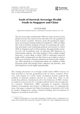 Tools of Survival: Sovereign Wealth Funds in Singapore and China