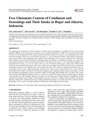 Free Glutamate Content of Condiment and Seasonings and Their Intake in Bogor and Jakarta, Indonesia