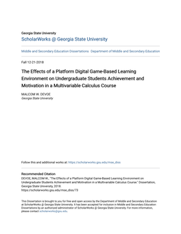 The Effects of a Platform Digital Game-Based Learning Environment on Undergraduate Students Achievement and Motivation in a Multivariable Calculus Course