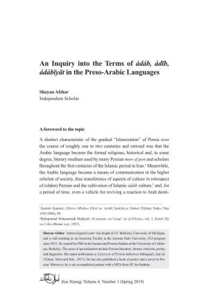 An Inquiry Into the Terms of Ádáb, Ádīb, Ádábīyāt in the Preso-Arabic Languages