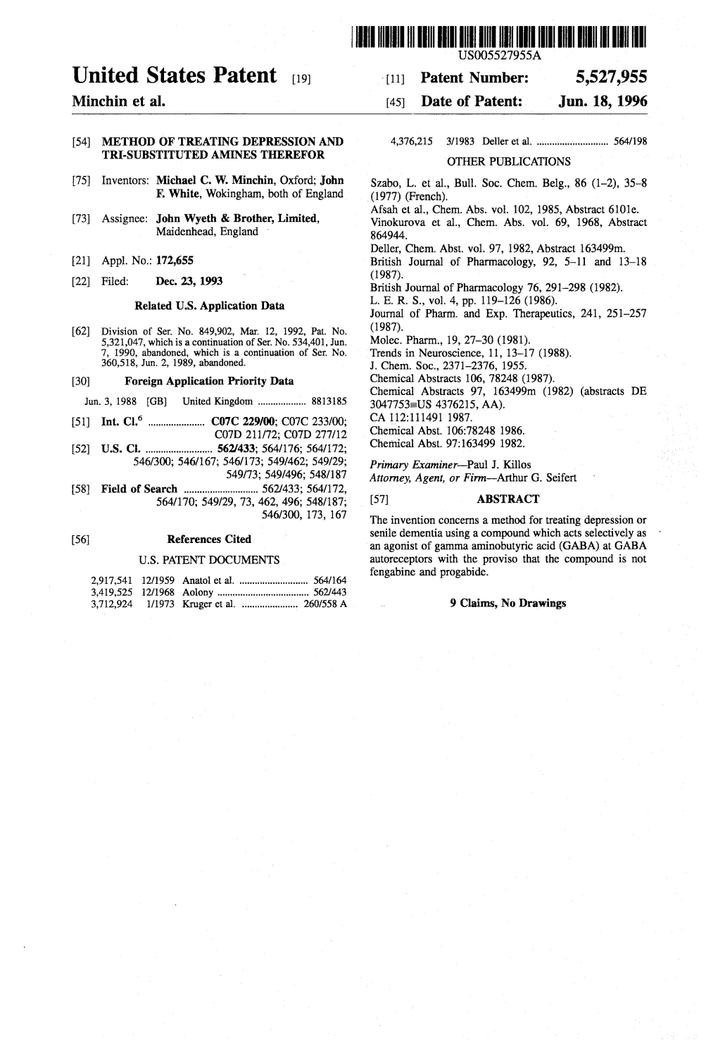 United States Patent (19) 11) Patent Number: 5,527,955 Minchin Et Al