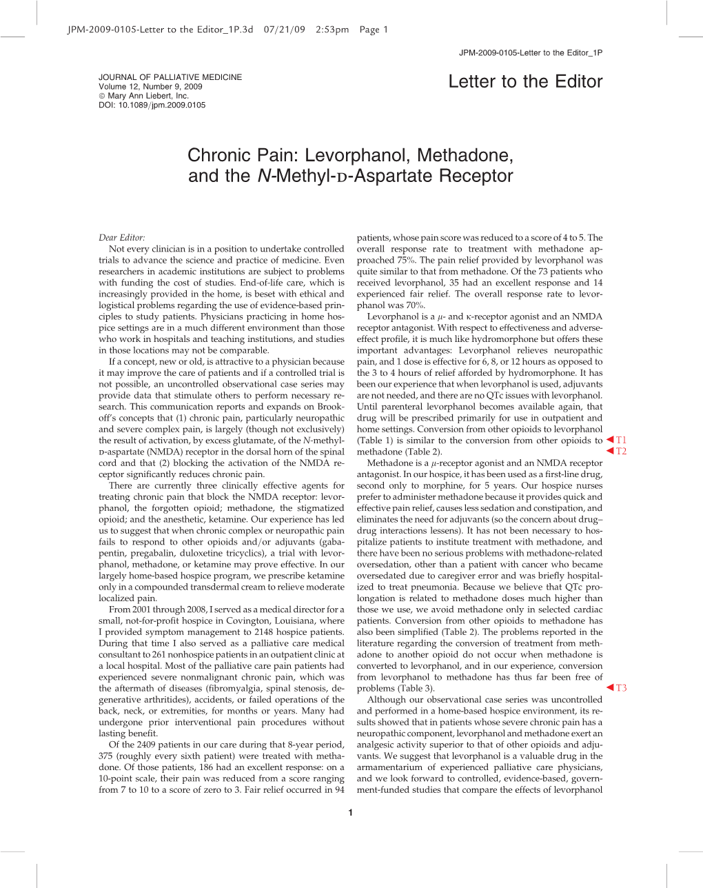 Chronic Pain Levorphanol Methadone and the N Methyl D Aspartate