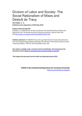 Division of Labor and Society: the Social Rationalism of Mises and Destutt De Tracy Dorobăț, C