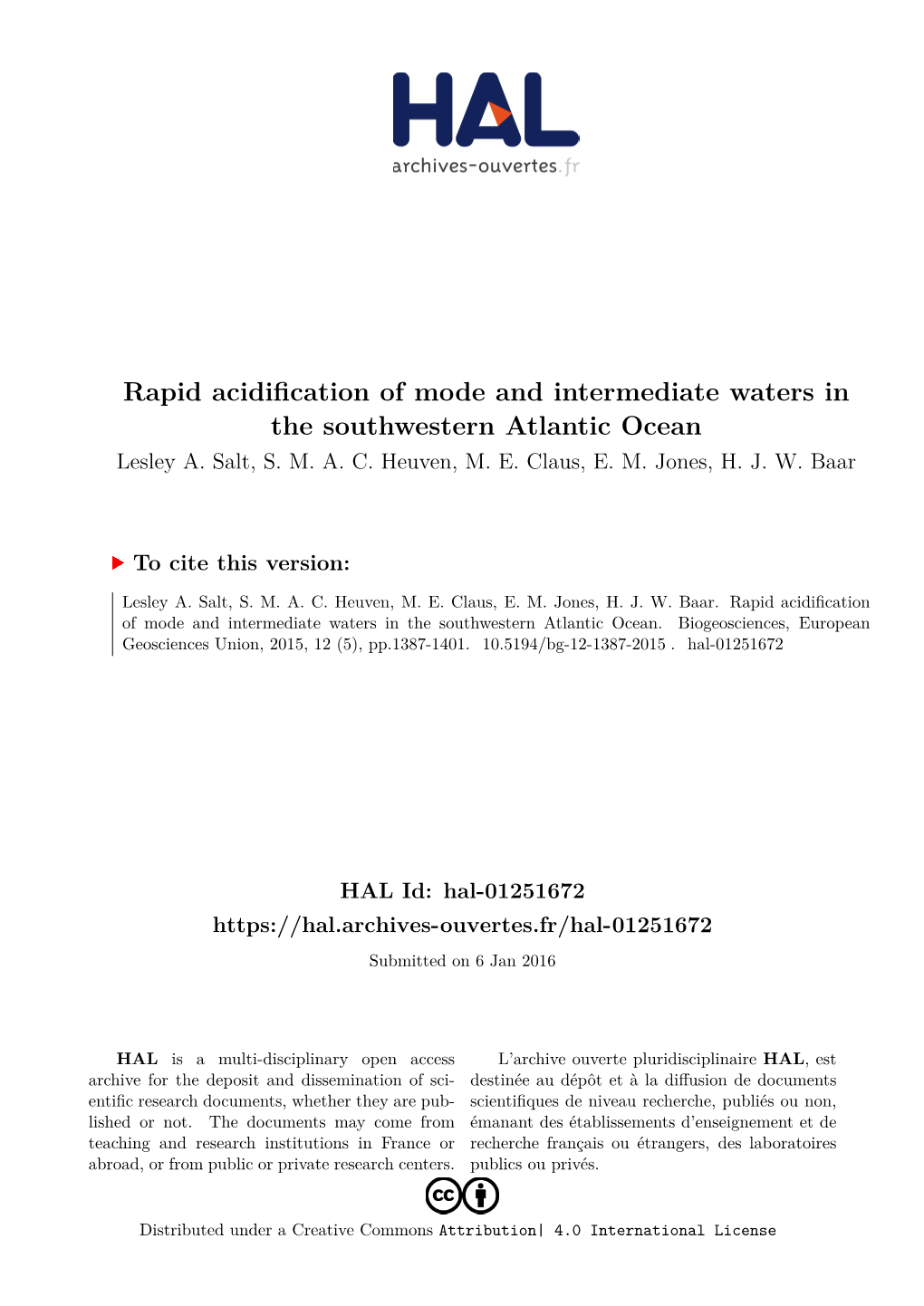 Rapid Acidification of Mode and Intermediate Waters in the Southwestern Atlantic Ocean Lesley A