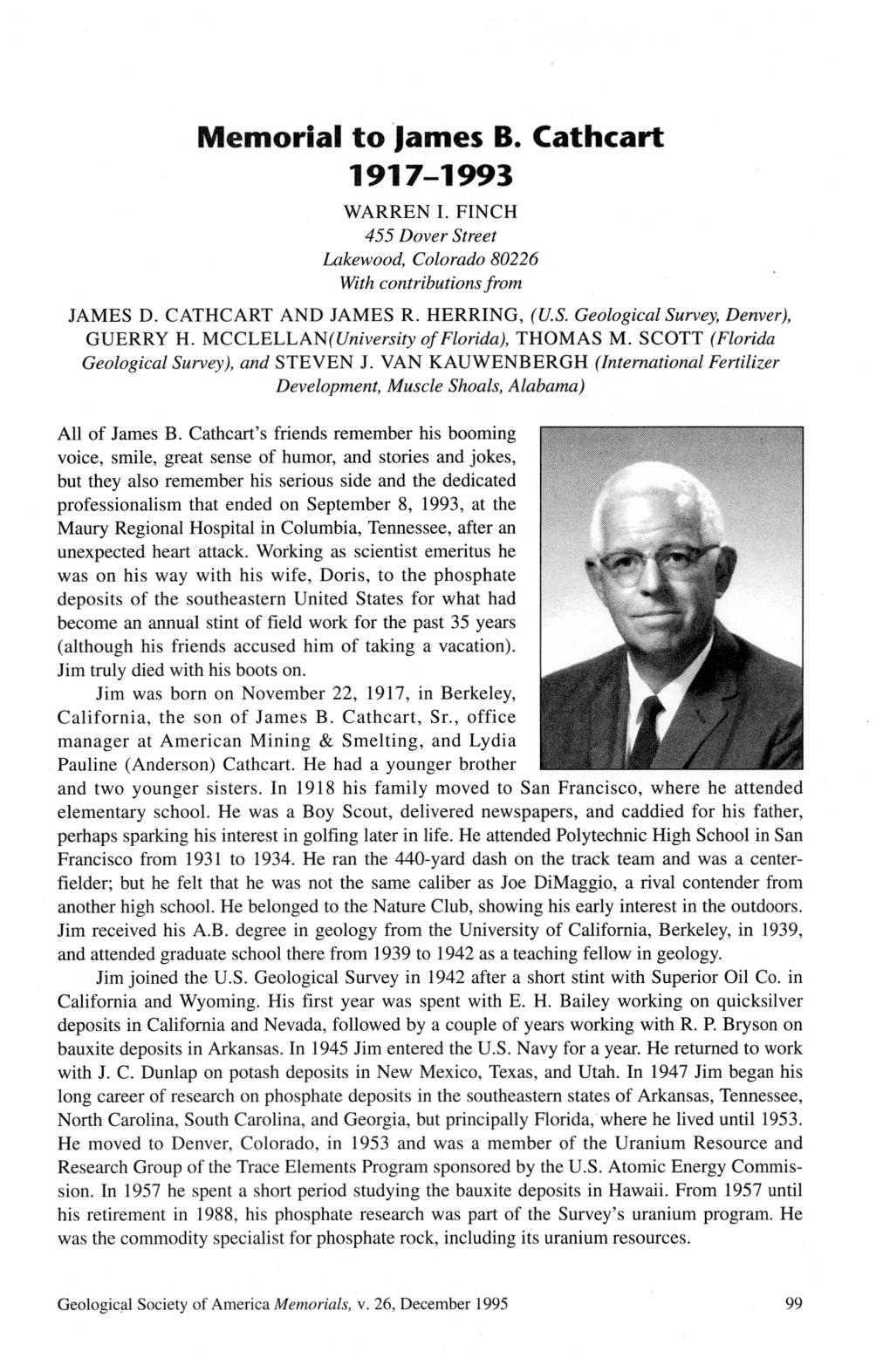 Memorial to James B. Cathcart 1917-1993 WARREN I