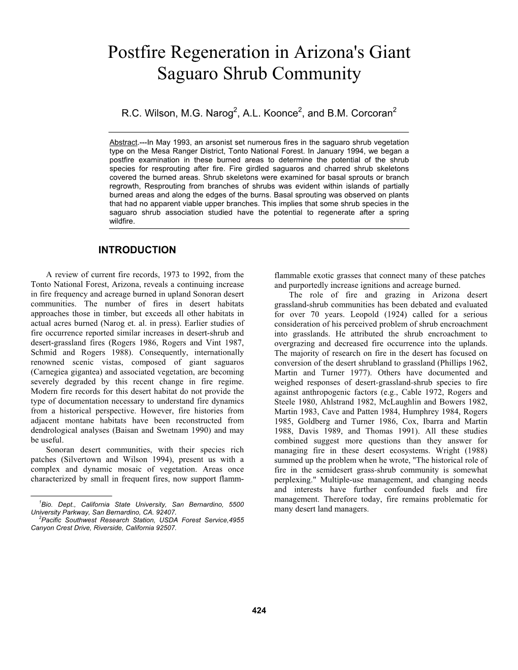 Postfire Regeneration in Arizona's Giant Saguaro Shrub Community