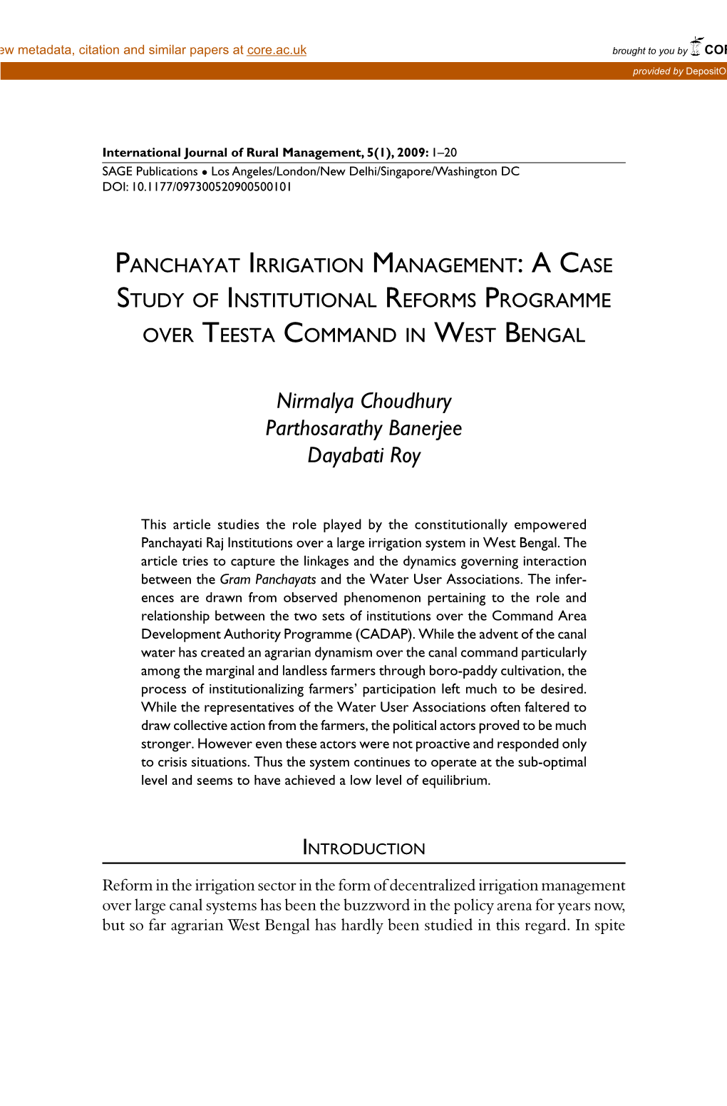 Panchayat Irrigation Management: a Case Study of Institutional Reforms Programme Over Teesta Command in West Bengal