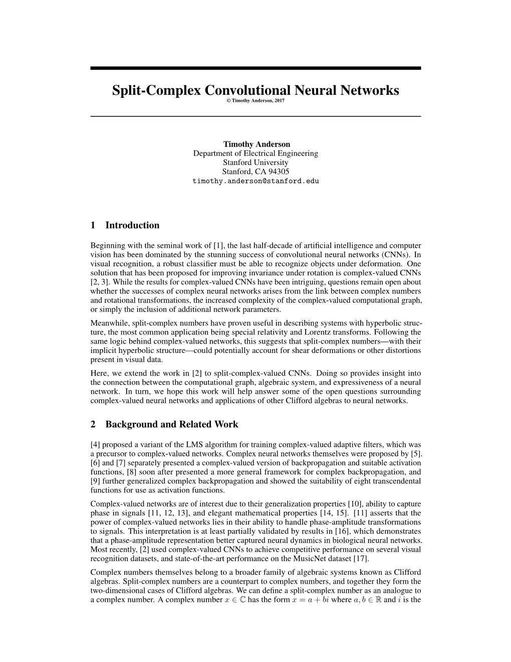 Split-Complex Convolutional Neural Networks © Timothy Anderson, 2017