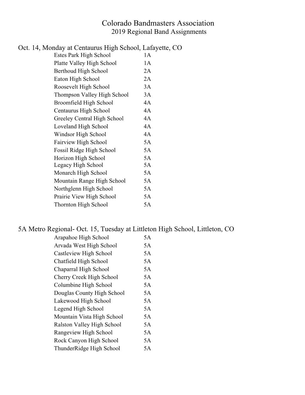 Colorado Bandmasters Association 2019 Regional Band Assignments