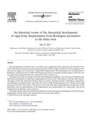 An Historical Review of the Theoretical Development of Rigid Body Displacements from Rodrigues Parameters to the ﬁnite Twist