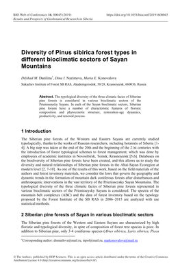 Diversity of Pinus Sibirica Forest Types in Different Bioclimatic Sectors of Sayan Mountains