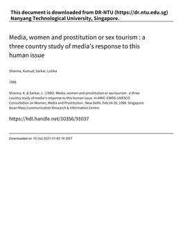 Media, Women and Prostitution Or Sex Tourism : a Three Country Study of Media's Response to This Human Issue