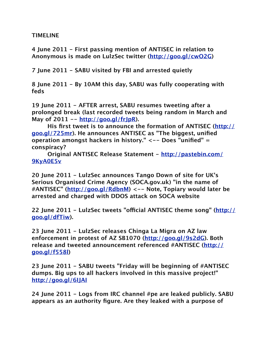 Timeline of ANTISEC As Created and Operated Under FBI Supervision