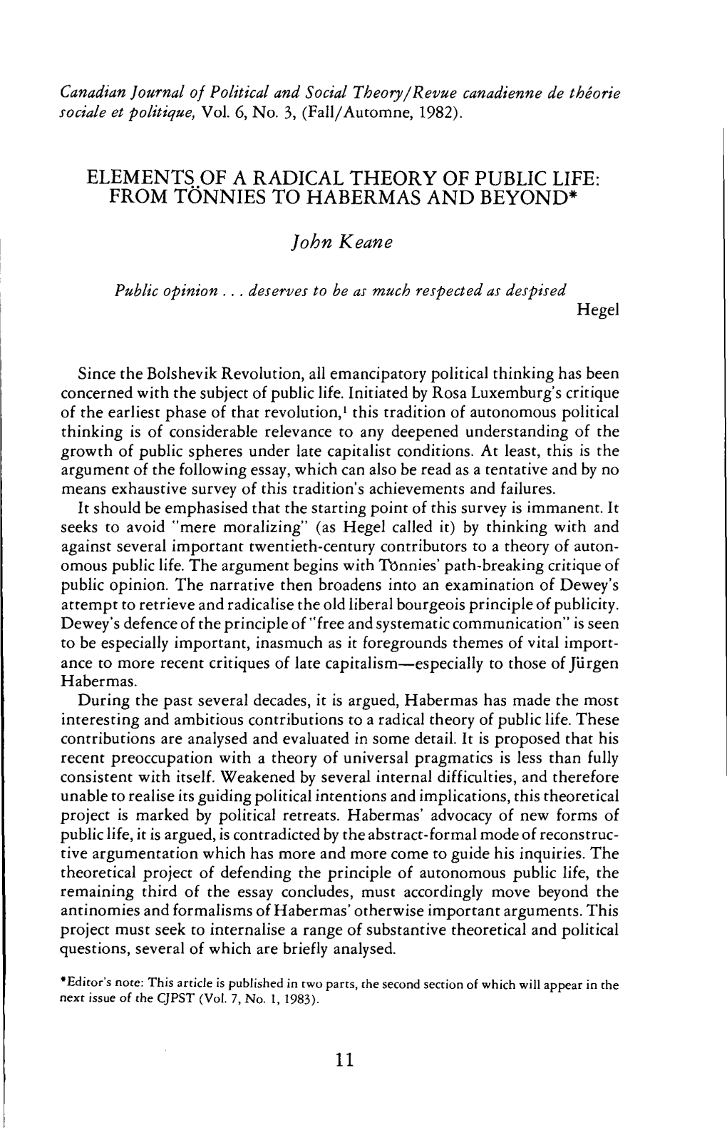 Elements of a Radical Theory of Public Life: from Tonnies to Habermas and Beyond*