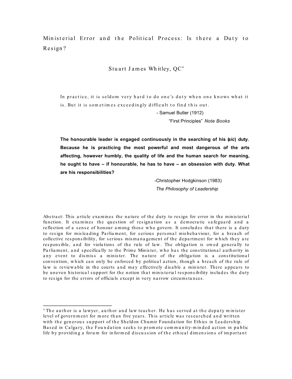 Ministerial Error and the Political Process: Is There a Duty to Resign? Stuart James Whitley