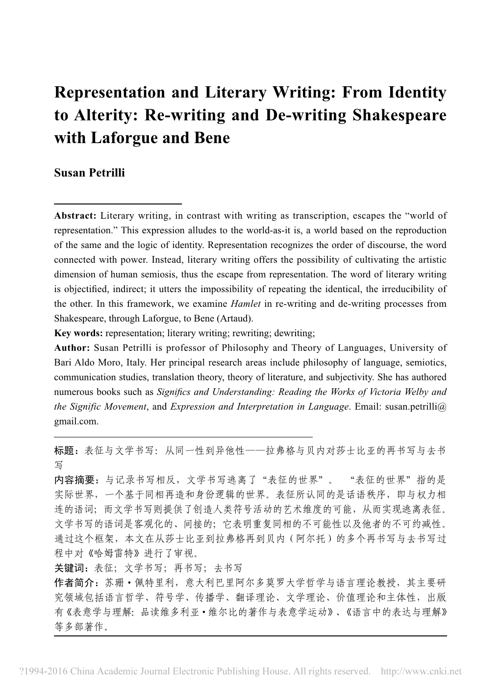 Representation and Literary Writing: from Identity to Alterity: Re-Writing and De-Writing Shakespeare with Laforgue and Bene