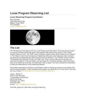 Lunar Program Observing List Lunar Observing Program Coordinator: Nina Chevalier 1662 Sand Branch Rd