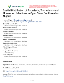 Spatial Distribution of Ascariasis, Trichuriasis and Hookworm Infections in Ogun State, Southwestern Nigeria