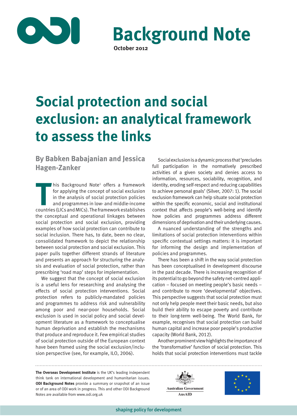 Social Protection and Social Exclusion: an Analytical Framework to Assess the Links