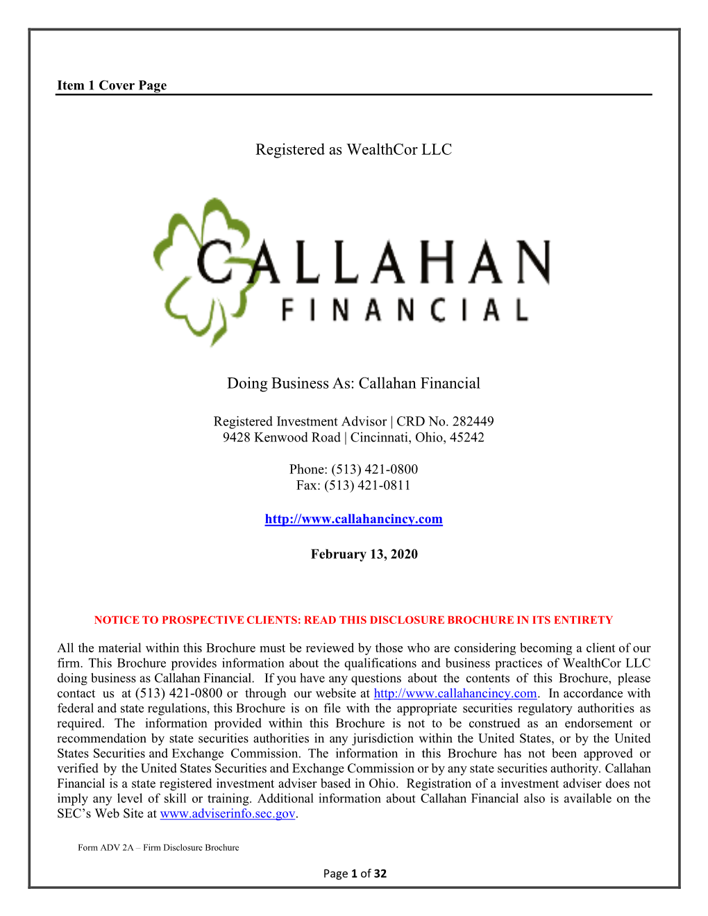 Registered As Wealthcor LLC Doing Business As: Callahan Financial