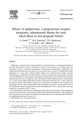 Effects of Aglépristone, a Progesterone Receptor Antagonist, Administered