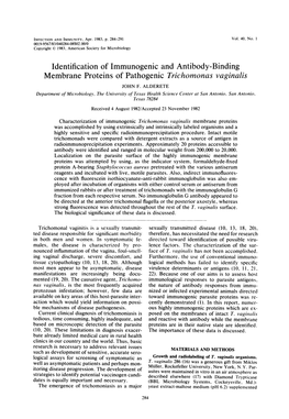 Identification of Immunogenic and Antibody-Binding Membrane Proteins of Pathogenic Trichomonas Vaginalis JOHN F