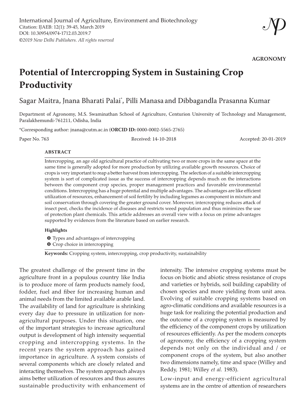 Potential of Intercropping System in Sustaining Crop Productivity Sagar Maitra, Jnana Bharati Palai*, Pilli Manasa and Dibbagandla Prasanna Kumar