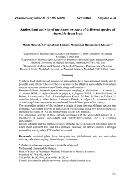Antioxidant Activity of Methanol Extracts of Different Species of Artemisia from Iran