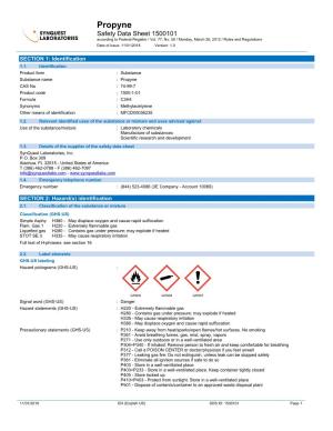 Propyne Safety Data Sheet 1500101 According to Federal Register / Vol