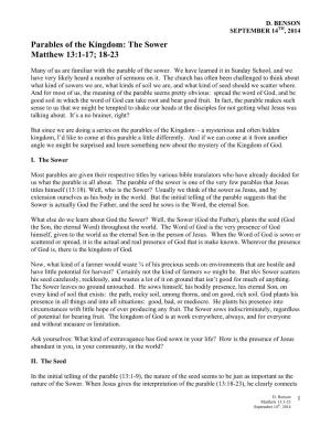 Parables of the Kingdom: the Sower Matthew 13:1-17; 18-23