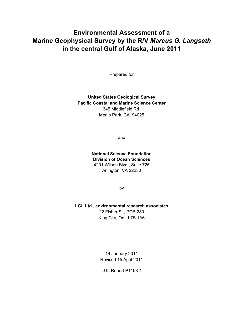 Environmental Assessment of a Marine Geophysical Survey by the R/V Marcus G