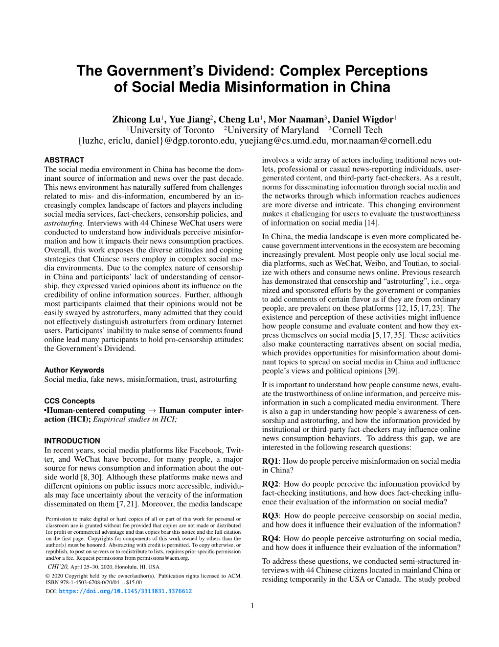 Complex Perceptions of Social Media Misinformation in China