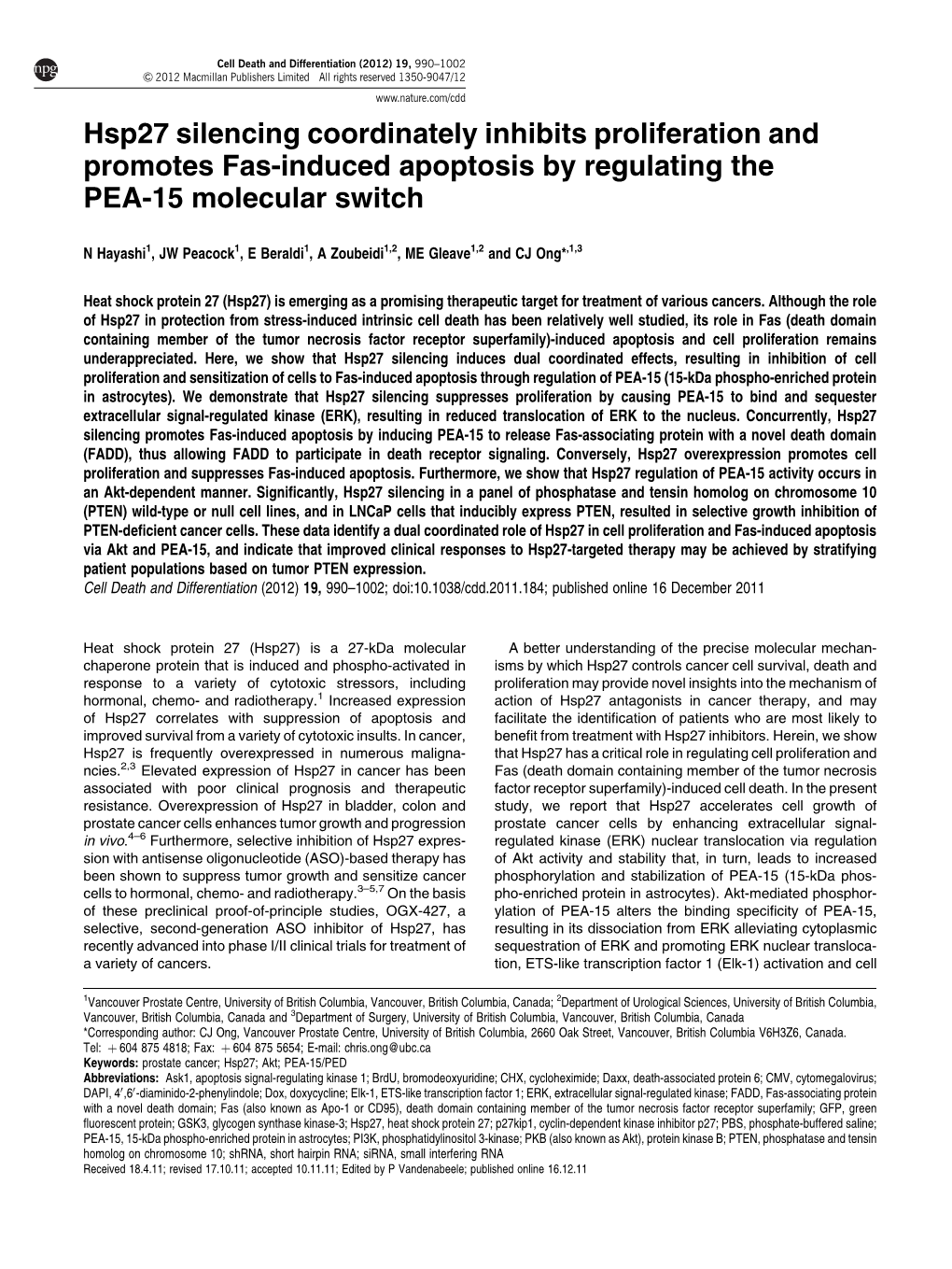 Hsp27 Silencing Coordinately Inhibits Proliferation and Promotes Fas-Induced Apoptosis by Regulating the PEA-15 Molecular Switch