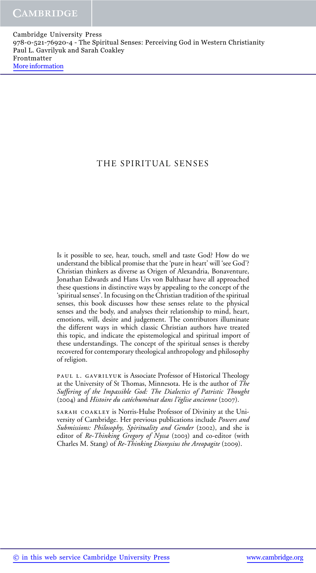 The Spiritual Senses: Perceiving God in Western Christianity Paul L